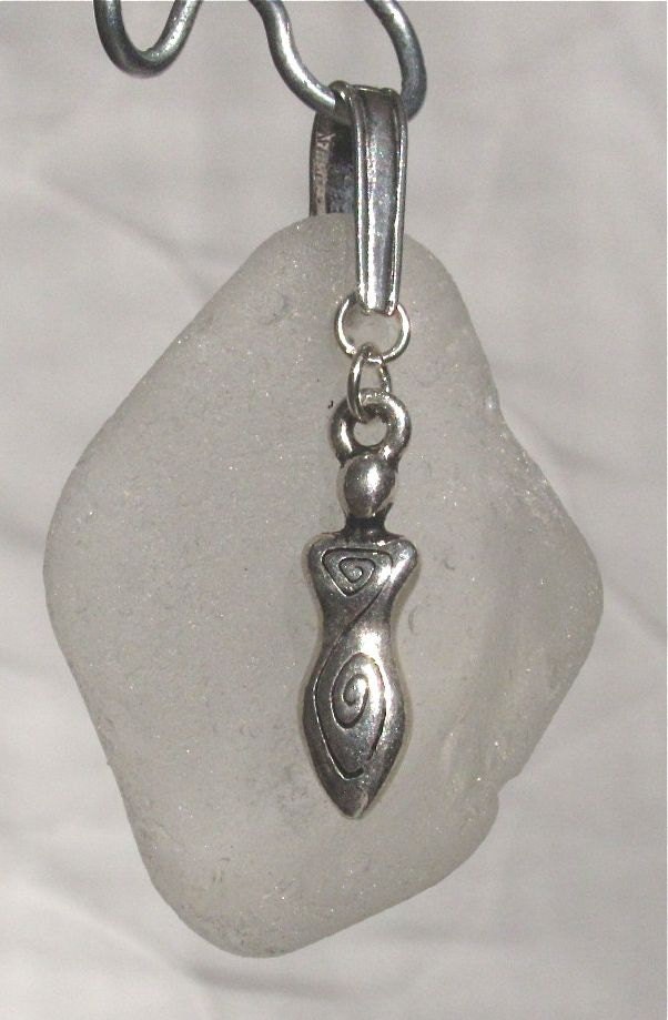 White Nova Scotia sea glass pendant goddess charm on 925 sterling silver bail