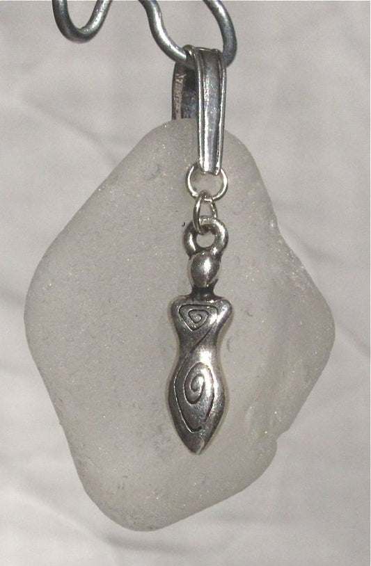 White Nova Scotia sea glass pendant goddess charm on 925 sterling silver bail
