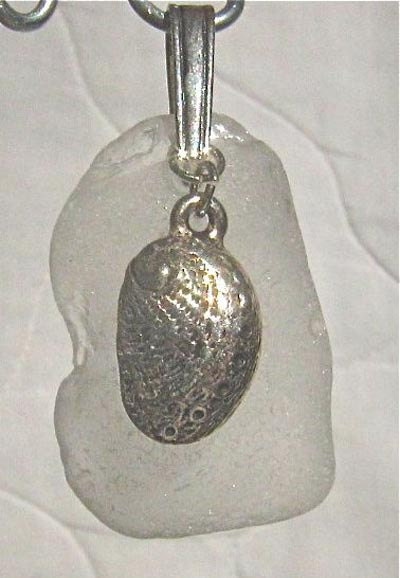 White Nova Scotia sea glass pendant abalone charm on 925 sterling silver bail