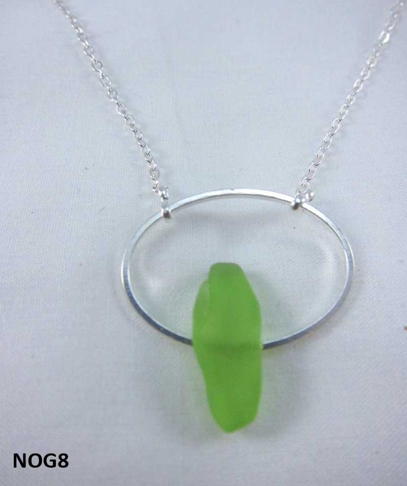 Heaven on Earth - Necklace with green Nova Scotia sea glass mounted on silverplate oval with silverplate chain