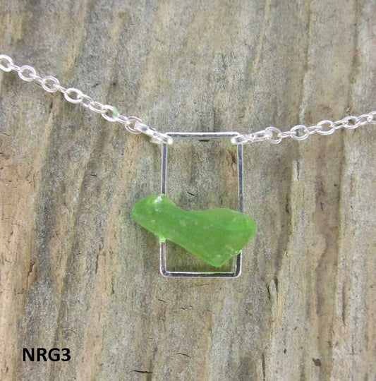 Necklace with green Nova Scotia sea glass mounted on silverplate rectangle with silverplate chain