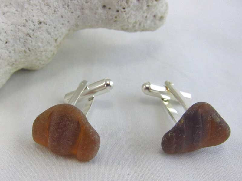 Cufflinks with amber brown sea glass from Northern California on silver plate mounts