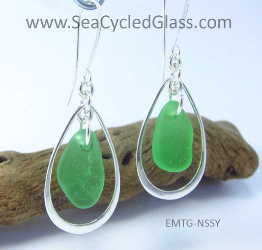 Mermaid's Tears Earrings - Green sea glass from Sydney, Nova Scotia, Canada hanging from 925 Sterling silver teardrop