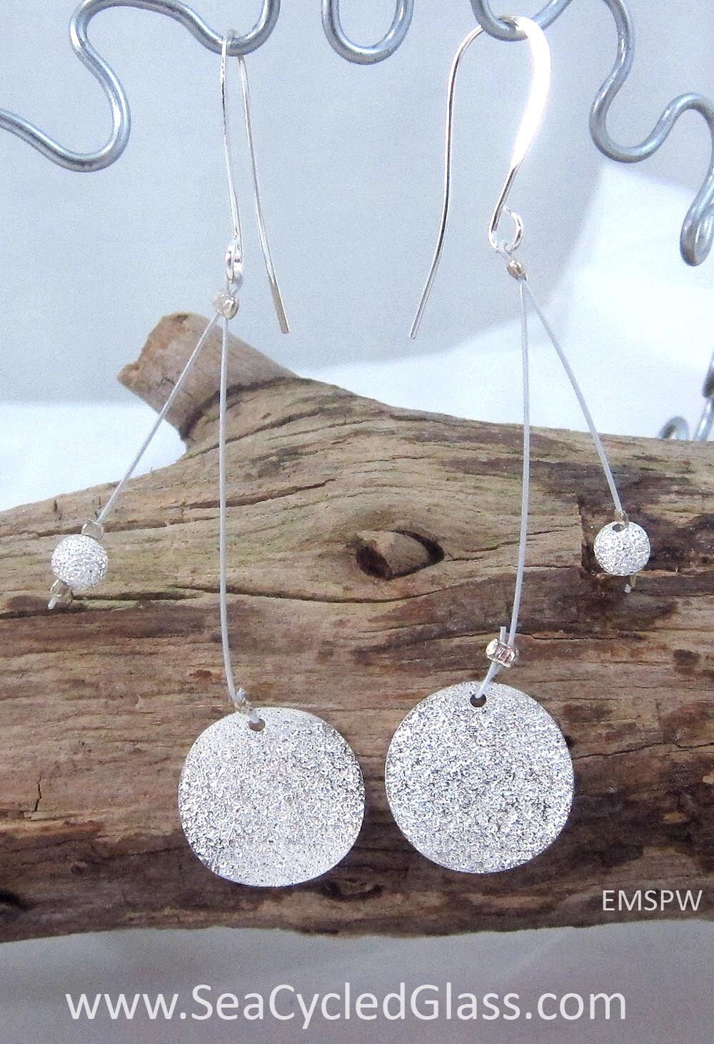 Moonshine earrings - Silverplate stardust disk and bead on filaments with hypoallergenic silverplate earring hooks