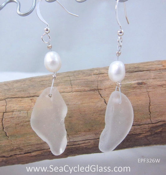 Pearl Earrings - White sea glass from Cape Breton, Nova Scotia, Canada with oval white freshwater pearl on hypo-allergenic earring wire