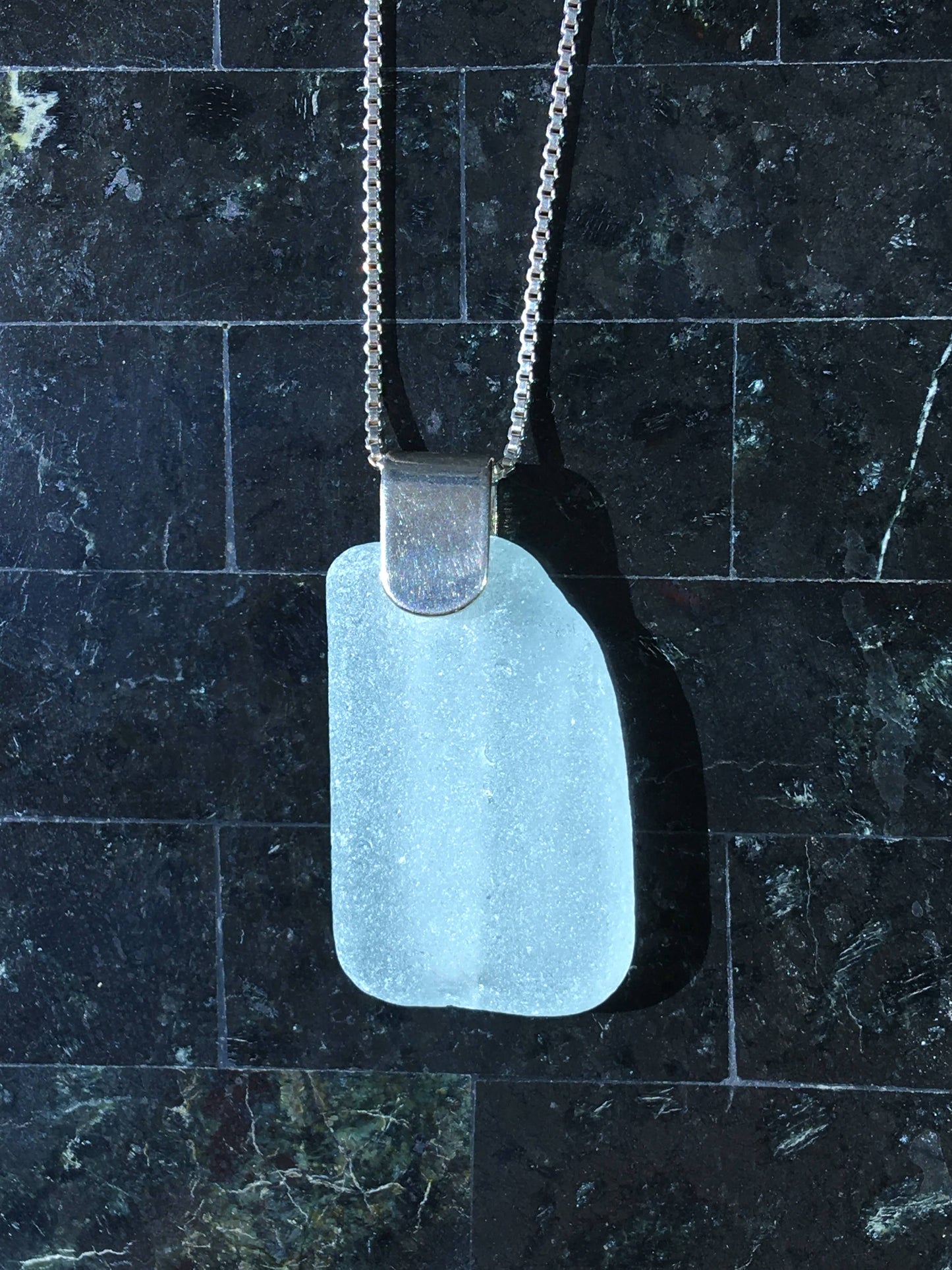 Shoreline Pendant - Aqua sea glass from Cape Breton, Nova Scotia, Canada with wide modern Sterling silver bail with chain