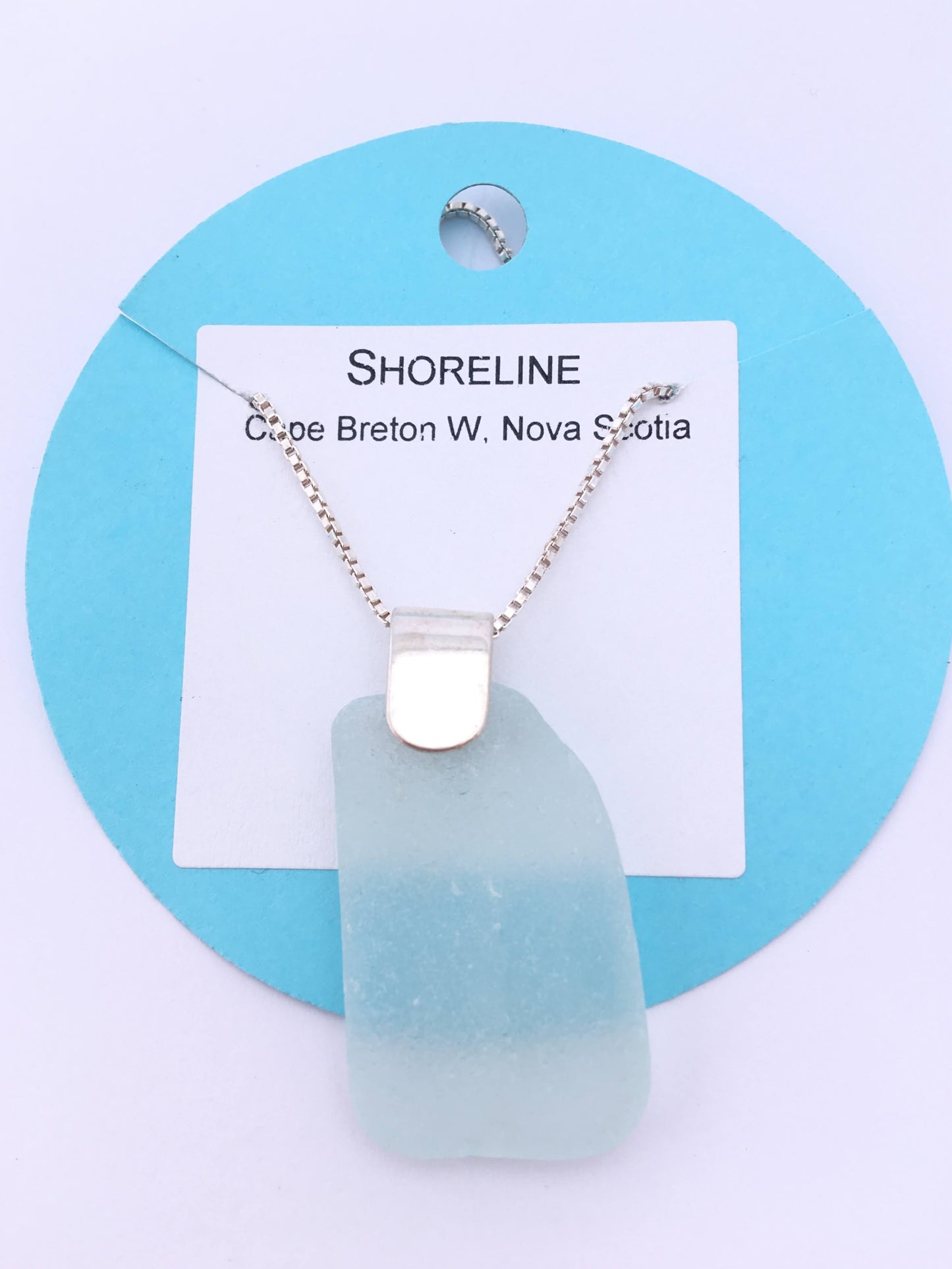 Shoreline Pendant - Aqua sea glass from Cape Breton, Nova Scotia, Canada with wide modern Sterling silver bail with chain