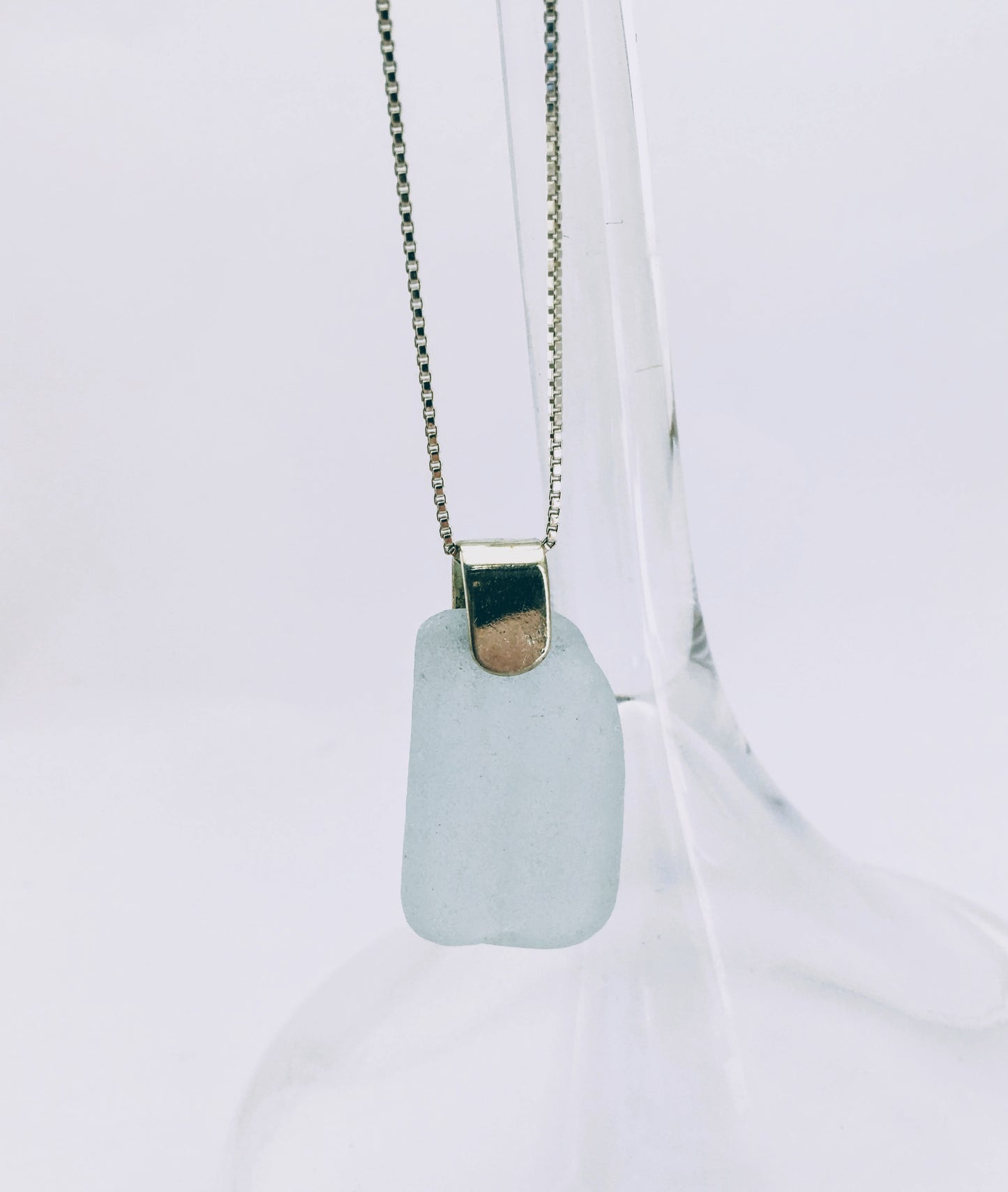 Shoreline Pendant - Aqua sea glass from Cape Breton, Nova Scotia, Canada with wide modern Sterling silver bail with chain